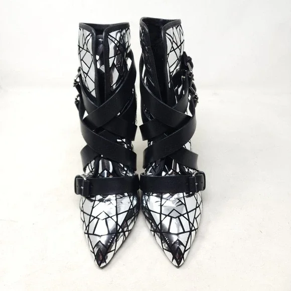 Balmain Paris Womens Boots Jackie Mosaic Silver Metallic Strappy Ankle Heel 37 7 - Picture 6 of 11